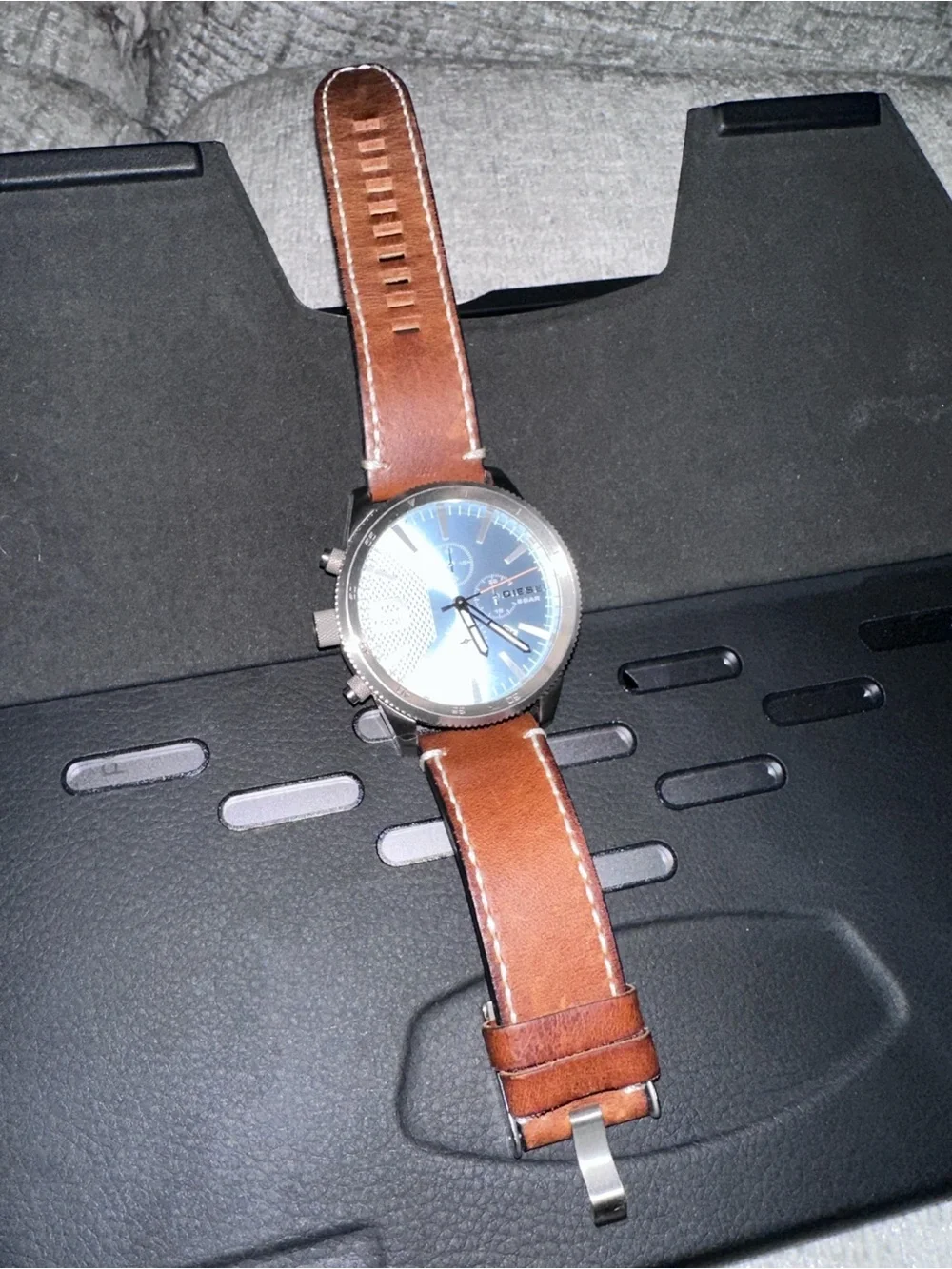 Men's Brown Leather Strap Chronograph Watch - Light Blue Dial